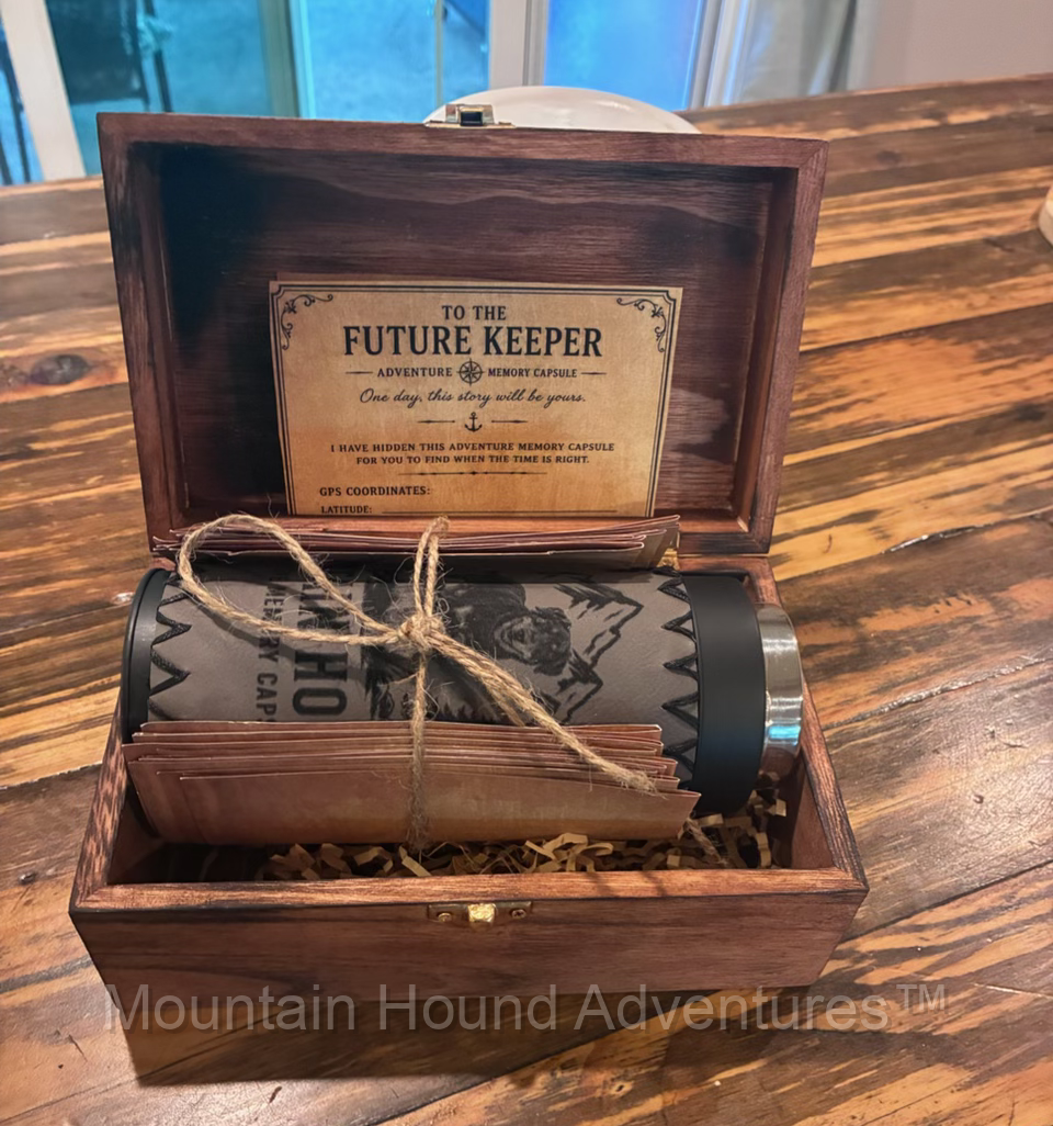Mountain Hound Adventure Memory Capsule complete set — leatherette capsule, compass lid, wooden presentation box, and kraft memory pages